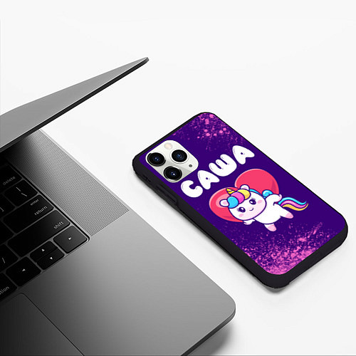 Чехол iPhone 11 Pro матовый Саша единорог с сердечком / 3D-Черный – фото 3
