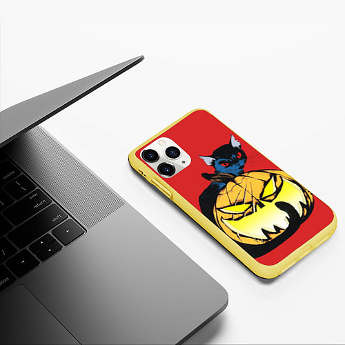 Чехол iPhone 11 Pro матовый Halloween - тыква и кот / 3D-Желтый – фото 3