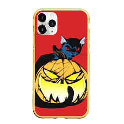 Чехол iPhone 11 Pro матовый Halloween - тыква и кот, цвет: 3D-желтый
