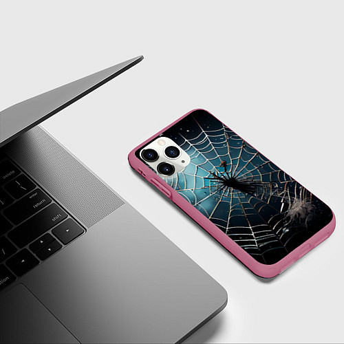 Чехол iPhone 11 Pro матовый Halloween - паутина на фоне мрачного неба / 3D-Малиновый – фото 3