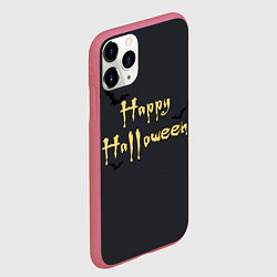Чехол iPhone 11 Pro матовый Happy Halloween надпись с летучими мышами, цвет: 3D-малиновый — фото 2
