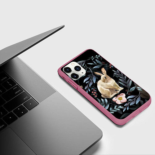 Чехол iPhone 11 Pro матовый Новогодний кролик - Веточки и цветочки / 3D-Малиновый – фото 3