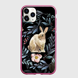Чехол iPhone 11 Pro матовый Новогодний кролик - Веточки и цветочки, цвет: 3D-малиновый