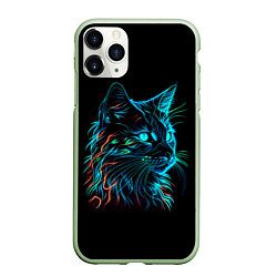 Чехол iPhone 11 Pro матовый Неоновый котик, цвет: 3D-салатовый