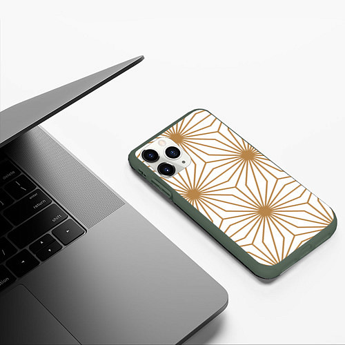Чехол iPhone 11 Pro матовый Золотой паттерн на белом фоне / 3D-Темно-зеленый – фото 3