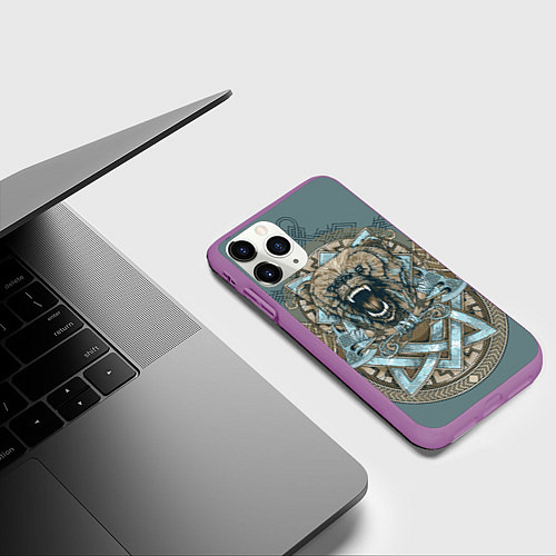 Чехол iPhone 11 Pro матовый Голова медведя-викинга / 3D-Фиолетовый – фото 3