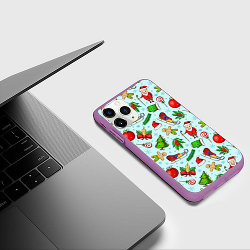 Чехол iPhone 11 Pro матовый Новогодний паттерн / 3D-Фиолетовый – фото 3