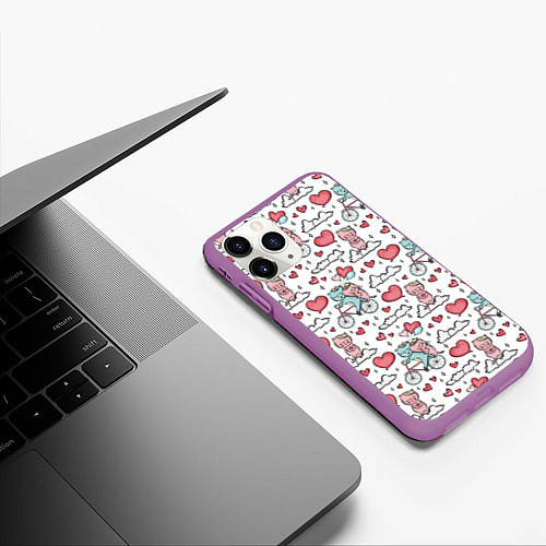 Чехол iPhone 11 Pro матовый Влюблённые кот и кошка на велосипеде / 3D-Фиолетовый – фото 3