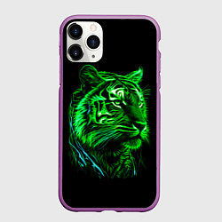 Чехол iPhone 11 Pro матовый Нейросеть: неоновый зелёный тигр, цвет: 3D-фиолетовый