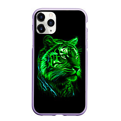 Чехол iPhone 11 Pro матовый Нейросеть: неоновый зелёный тигр, цвет: 3D-светло-сиреневый