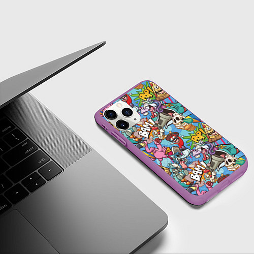 Чехол iPhone 11 Pro матовый Сумасшедший поп-арт / 3D-Фиолетовый – фото 3