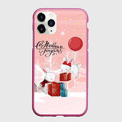 Чехол iPhone 11 Pro матовый Зайчики упаковывают подарки к новому году, цвет: 3D-малиновый