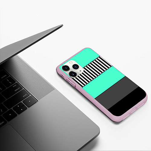 Чехол iPhone 11 Pro матовый Полосатый зеленый с черным и белым узор / 3D-Розовый – фото 3