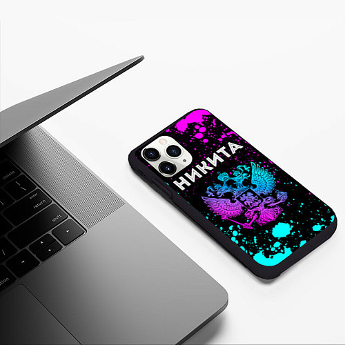 Чехол iPhone 11 Pro матовый Никита и неоновый герб России / 3D-Черный – фото 3