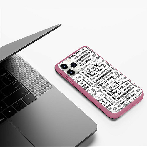 Чехол iPhone 11 Pro матовый Черно белый рождественский текстовый узор / 3D-Малиновый – фото 3
