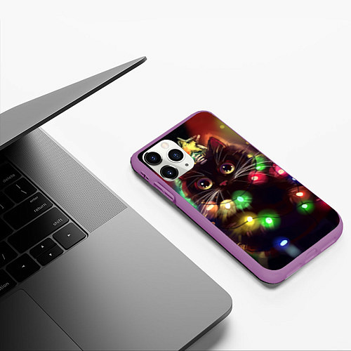 Чехол iPhone 11 Pro матовый Новый Год Кот / 3D-Фиолетовый – фото 3