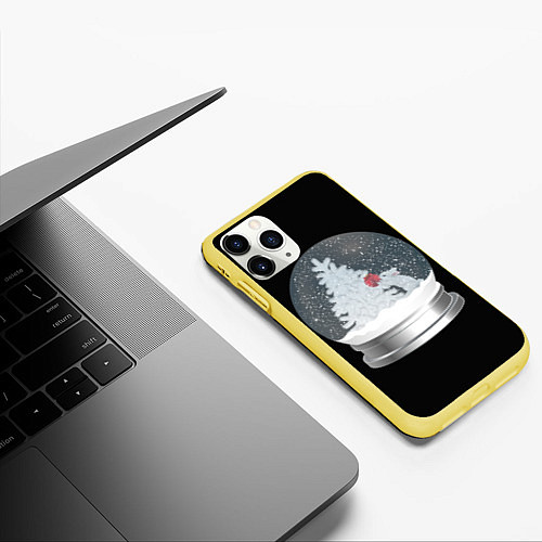 Чехол iPhone 11 Pro матовый Снежный шар с символом года кроликом / 3D-Желтый – фото 3