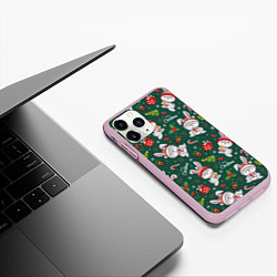 Чехол iPhone 11 Pro матовый Новогодние кролики - паттерн, цвет: 3D-розовый — фото 2