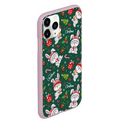 Чехол iPhone 11 Pro матовый Новогодние кролики - паттерн, цвет: 3D-розовый — фото 2