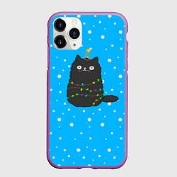 Чехол iPhone 11 Pro матовый Котоёлочка - на фоне снегопада, цвет: 3D-фиолетовый
