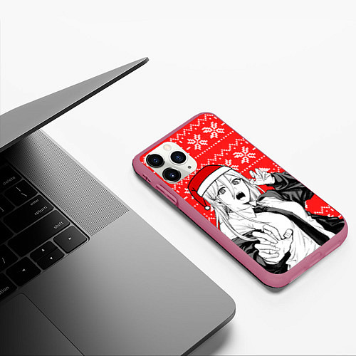 Чехол iPhone 11 Pro матовый Новогодняя Пауэр: Человек-бензопила / 3D-Малиновый – фото 3