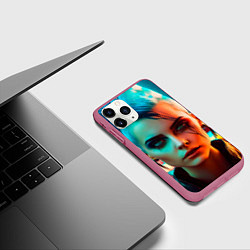 Чехол iPhone 11 Pro матовый Нейросеть - девушка в стиле киберпанк, цвет: 3D-малиновый — фото 2