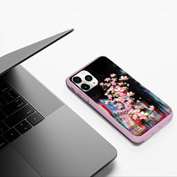 Чехол iPhone 11 Pro матовый Ветка сакуры на фоне ночного Токио - glitch, цвет: 3D-розовый — фото 2