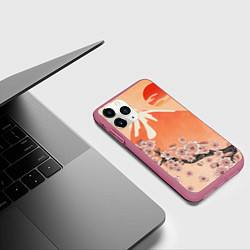 Чехол iPhone 11 Pro матовый Ветка цветущей сакуры и вулкан, цвет: 3D-малиновый — фото 2
