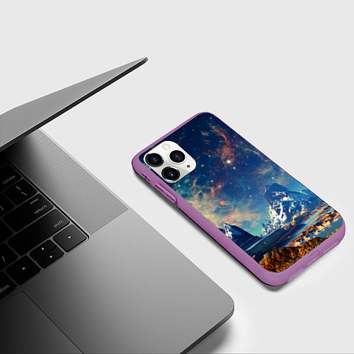 Чехол iPhone 11 Pro матовый Горы и бескрайний космос / 3D-Фиолетовый – фото 3