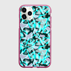 Чехол iPhone 11 Pro матовый Пятнистый абстрактный узор серый с бирюзовыми лини, цвет: 3D-малиновый