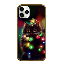 Чехол iPhone 11 Pro матовый Новогодний котик с гирляндой, цвет: 3D-коричневый