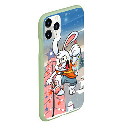 Чехол iPhone 11 Pro матовый Веселый заяц на фоне елки, цвет: 3D-салатовый — фото 2