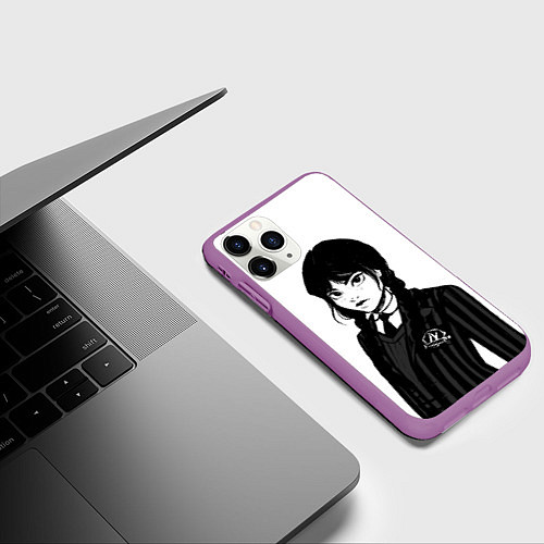 Чехол iPhone 11 Pro матовый Школьница Уэнсдей / 3D-Фиолетовый – фото 3