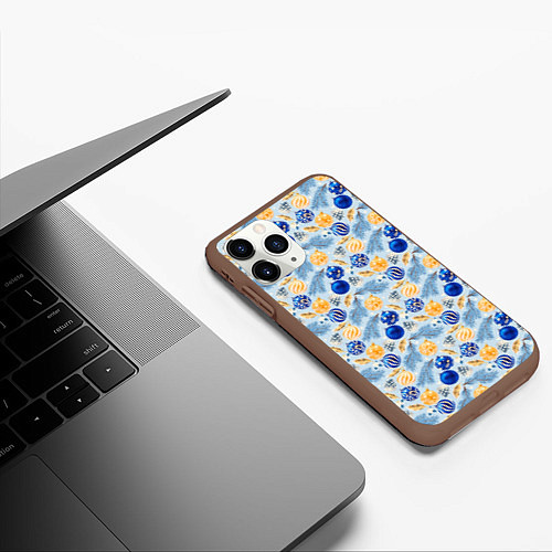 Чехол iPhone 11 Pro матовый Шарики новогодние ёлочные, синие / 3D-Коричневый – фото 3