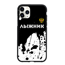 Чехол iPhone 11 Pro матовый Лыжник из России и герб РФ: символ сверху, цвет: 3D-черный