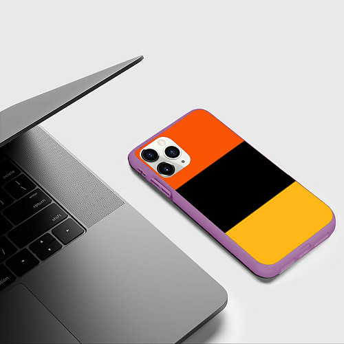 Чехол iPhone 11 Pro матовый Полосатый оранжевый с черной и белой полосой / 3D-Фиолетовый – фото 3