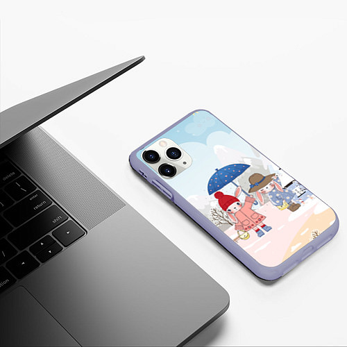 Чехол iPhone 11 Pro матовый Зайчики под зонтом / 3D-Светло-сиреневый – фото 3
