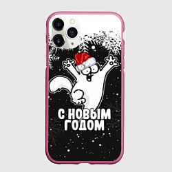 Чехол iPhone 11 Pro матовый С Новым годом - кот Саймона и снежинки, цвет: 3D-малиновый