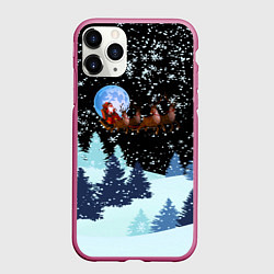 Чехол iPhone 11 Pro матовый Санта на оленях в ночном небе, цвет: 3D-малиновый