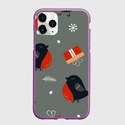 Чехол iPhone 11 Pro матовый Новогодние снегири, цвет: 3D-фиолетовый