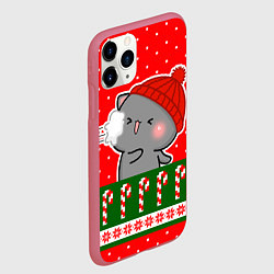 Чехол iPhone 11 Pro матовый Серый котик - играет в снежки, цвет: 3D-малиновый — фото 2