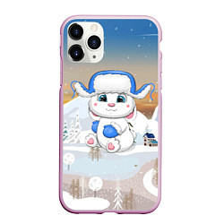 Чехол iPhone 11 Pro матовый Зайчик в шапке ушанке, цвет: 3D-розовый