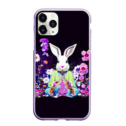 Чехол iPhone 11 Pro матовый Кролик в цветах на черном фоне, цвет: 3D-светло-сиреневый