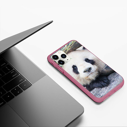 Чехол iPhone 11 Pro матовый Панда отдыхает / 3D-Малиновый – фото 3