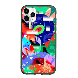 Чехол iPhone 11 Pro матовый Птички, снежинки и заячьи ушки, цвет: 3D-темно-зеленый