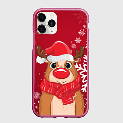 Чехол iPhone 11 Pro матовый Новогодний олень и снежинки, цвет: 3D-малиновый