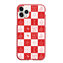 Чехол iPhone 11 Pro матовый Красно-белые квадраты с шариками и снежинками, цвет: 3D-красный