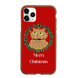 Чехол iPhone 11 Pro матовый Christmas cat with a garland, цвет: 3D-коричневый