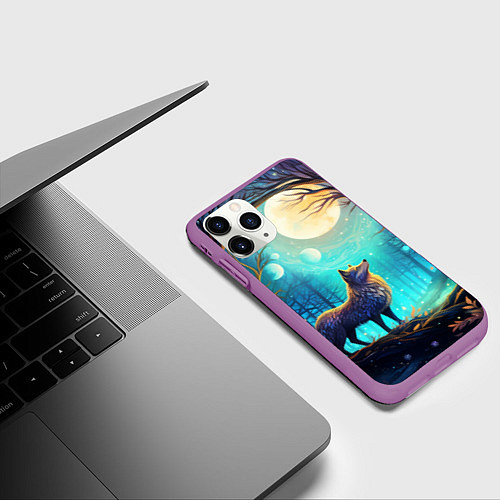 Чехол iPhone 11 Pro матовый Волк в ночном лесу в folk art стиле / 3D-Фиолетовый – фото 3