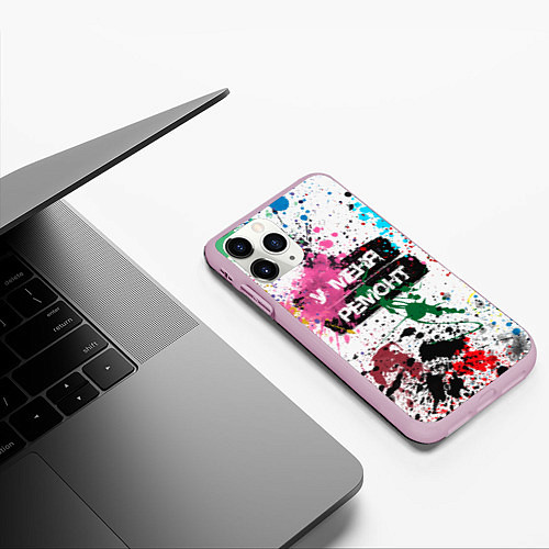 Чехол iPhone 11 Pro матовый У меня ремонт - брызги красок / 3D-Розовый – фото 3